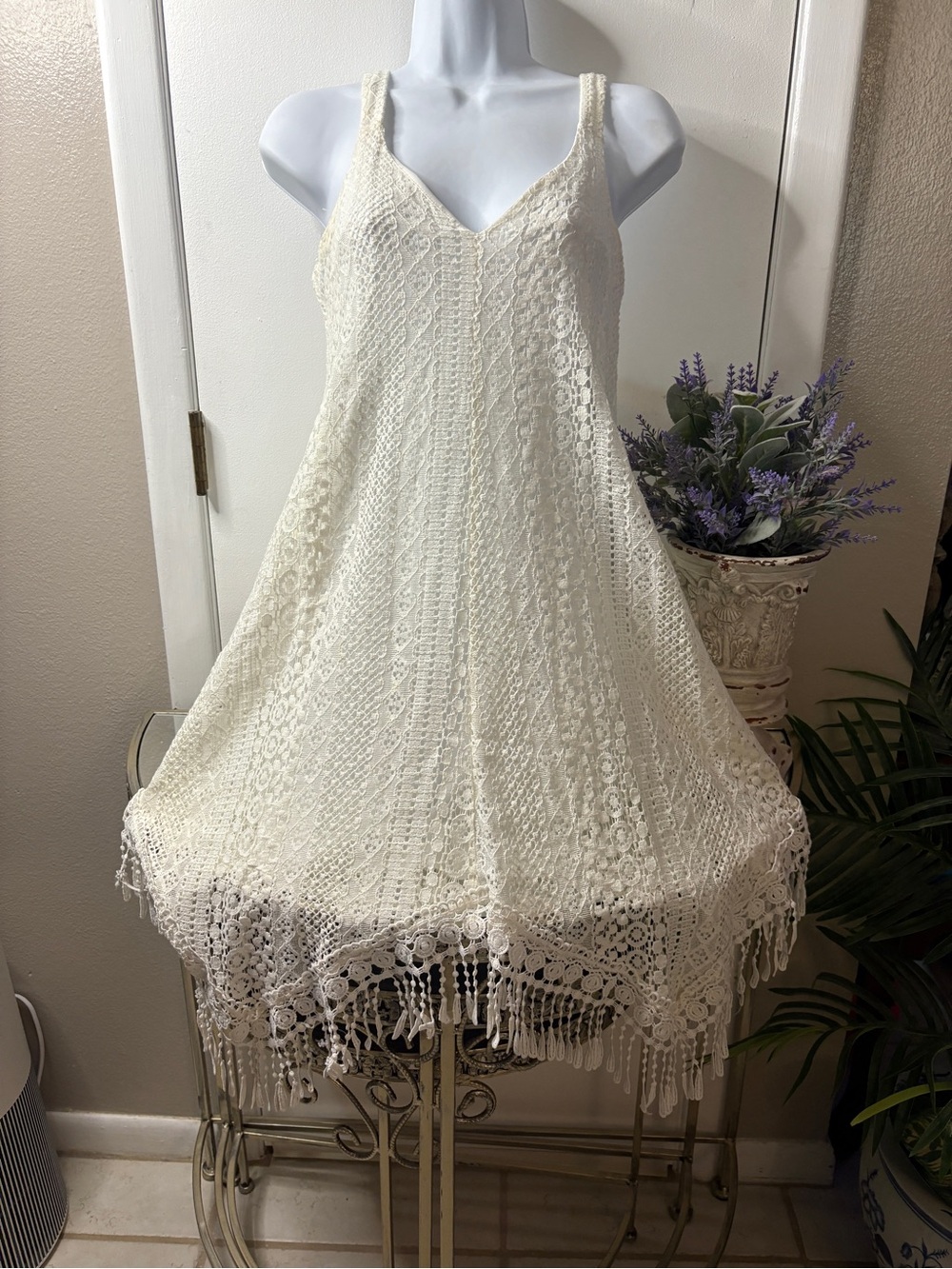Lace Crochet V-Neck Cream Dress
